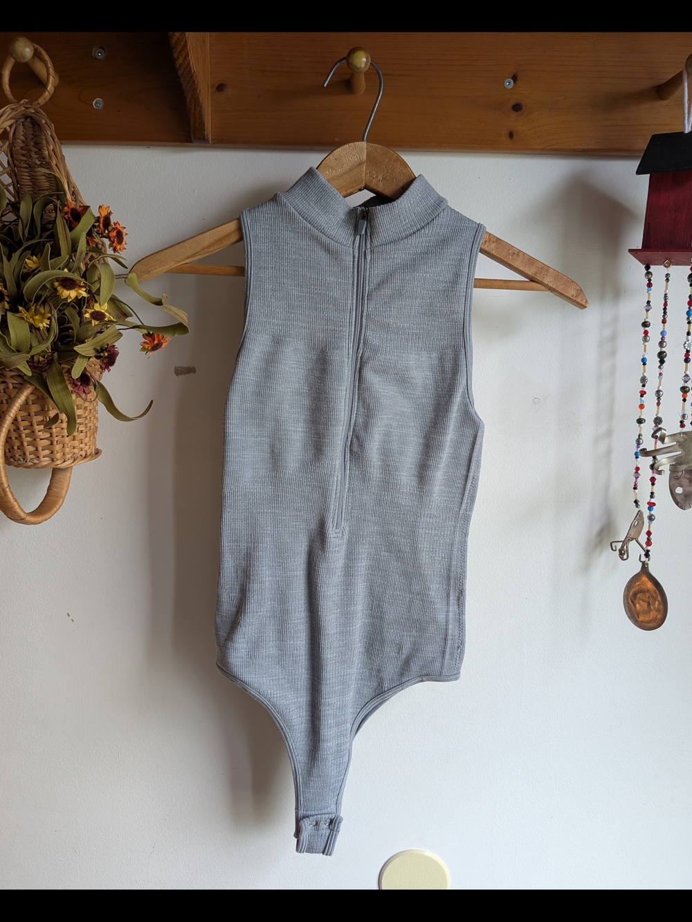 Fitted Grey Ribbed Zip-Front Sleeveless Bodysuit